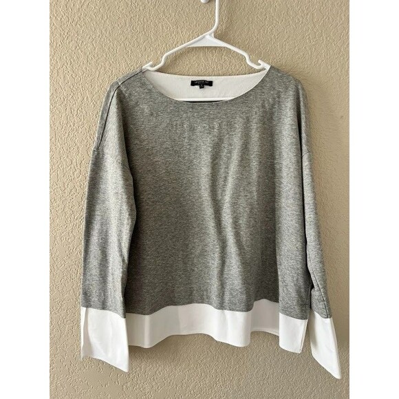 Lafayette 148 Gray & White Cotton Gabriel TwoFer Overlay Top, Boat Neck Size M - Picture 1 of 5